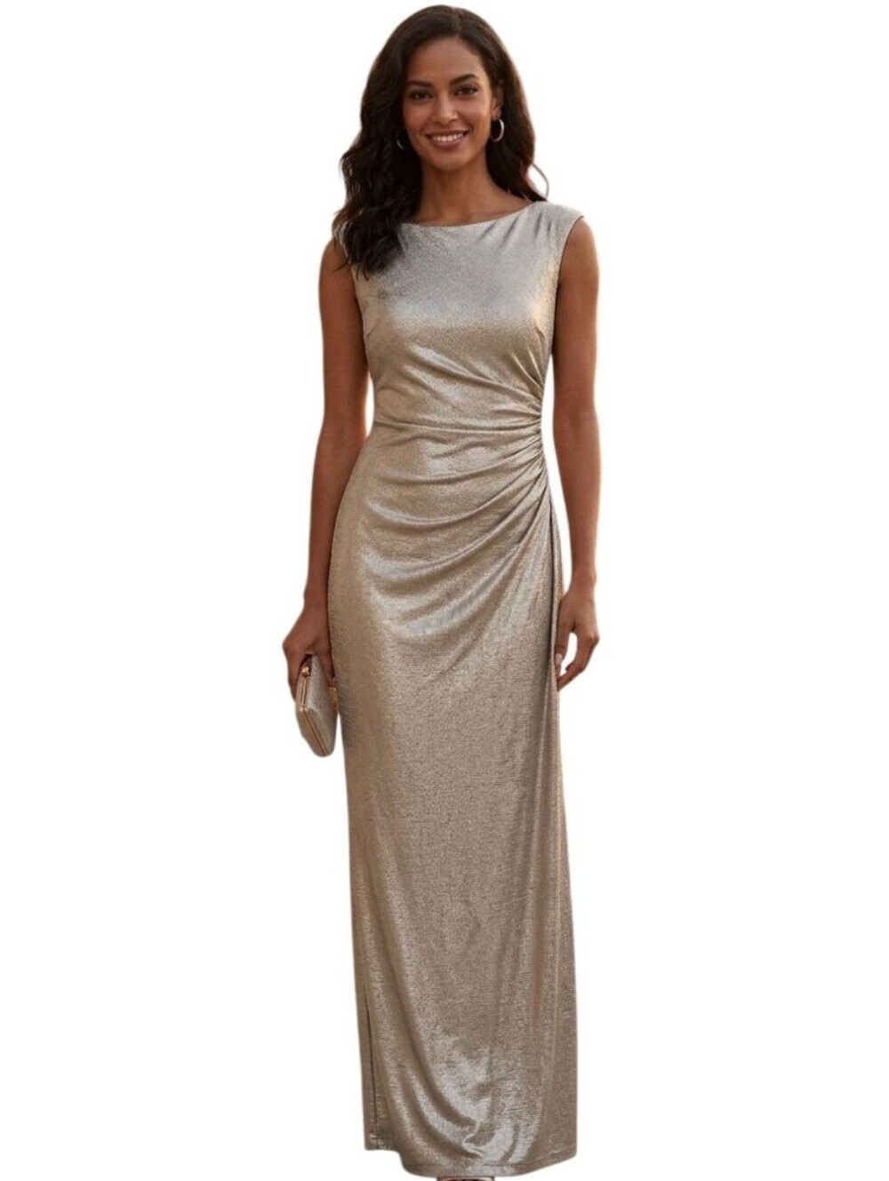 Lauren Ralph Lauren Gold Metallic Ruched Draped Back Column Maxi Dress Size 4